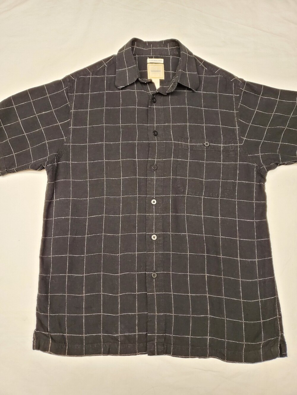 Saddlebred Washable Linen Shirt Men's M Black Windowpane SS Button Down